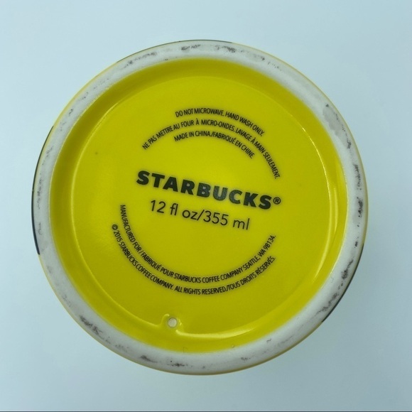 Starbucks Coffee 2015 12oz Yellow Black Polka Dot Ceramic Travel Tumbler Mug - Picture 5 of 6